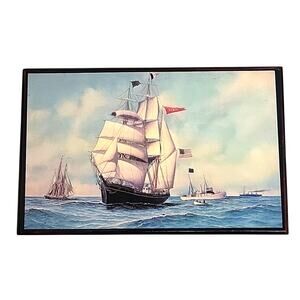 Wooden Storage/Jewelry/Stash Box with Ships 10.5" x 6.75" x 3"